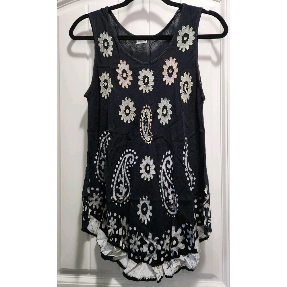 Shoreline Womens 3XL Black Batik Floral Paisley Embroidered Rayon Tunic Tank Top